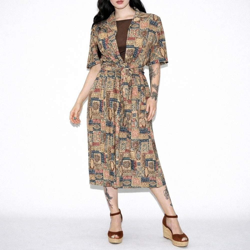90s Vintage Brown Patchwork Outfit Womens L Cropped Wrap Top & Maxi Skirt Jantze